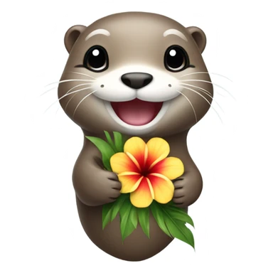 A happy and cute otter face holding a Hawaiian flower sticker