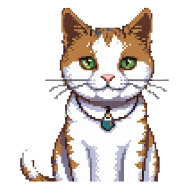 pixel art of a cat in a white top, brown spot on shirt, comical expression sticker