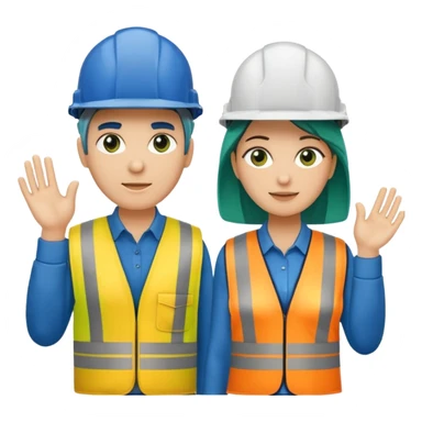 Um homem e uma mulher amarelos com capacete de obras ambos azul escuro e camisa social cinza com faixas refletivas verdes nos braços. Um deles deve estar segurando um megafone sticker