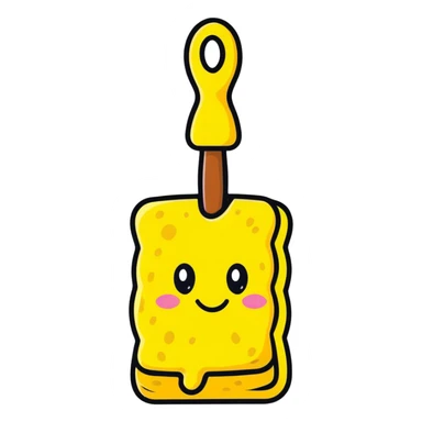A cheerful yellow kitchen sponge with a cute smiling face and eyes sticker