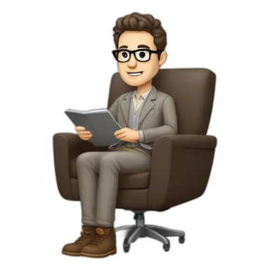 Pale skinned Fit Man With dark brown hair in gray jacket, beige office shirt, Brown pants and vintage glasses sitting In a soft chair with a notebook on spring with emblem Ψ and a pen sticker
