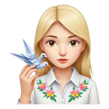 Ukrainian young girl in a white embroidered shirt holds an origami crane sticker