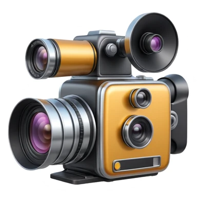 Minimal emoji icon of a huge cinematic metalic camera, front view, simple shapes, realistic lens,  sticker