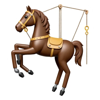 3D render of Horse Puppet as a wooden marionette puppet, Wooden toy horse on strings, silver metal screw joints at elbows and knees, polished brown wood texture, rigid toy pose, emoji style, isolated on white background --v 6.0. sticker