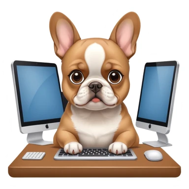 Fawn frenchie working behind computer sticker