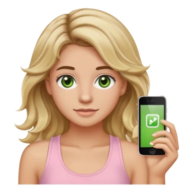 ca you make her hair a 20-year-old girl with long wavy hair brown roots blonde highlights green eyes brown eyebrows good summer tan iPhone emoji style with light pink tank top can you make her hair a little longer please sticker