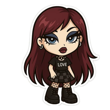 bratz-inspired emo girl, burgundy long hair, pale skin, blue eyes, dramatic eyeliner, alternative fashion sticker