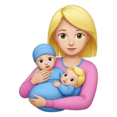mother with yellow hair and pink top holding baby in blue outfit, emoji style sticker