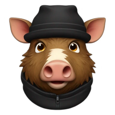 fullface wild tired brown boar with stubble in a black jacket and a black winter hat sticker