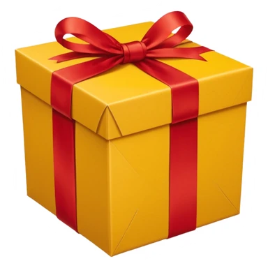 box with yellow wrapping paper and a length of red ribbon surrounding it on the ground so you can see most of the box's cardboard sticker