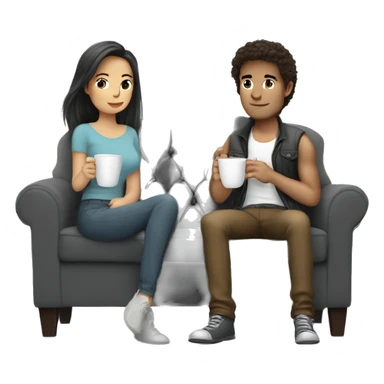 Yong beautiful couple sit in grey sofa and drink coffee girl braun long hair man short braun hair sticker