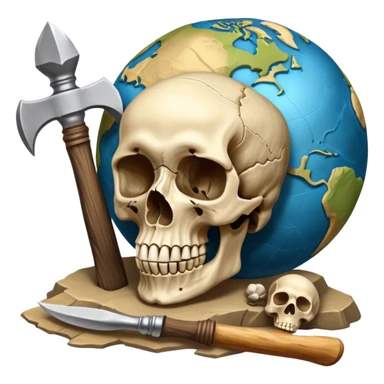 An icon featuring a human skull and fossilized bones, symbolizing the study of anthropology. The design includes archaeological tools like a pickaxe and brush, with a background of ancient artifacts and a globe. Transparent background emphasizes the exploration of human history and evolution. sticker