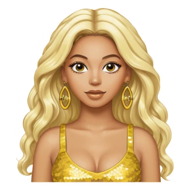 Beyonce with long platinum blonde hair, yellow sequin crop top, yellow earring sticker