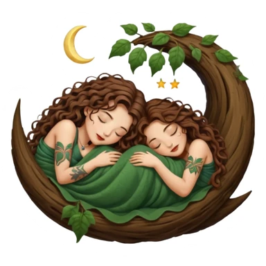 two forest alchemist women — one with long wavy brown hair and tattoos, one with short tight curly brown hair — sleeping back to back under leaf blanket crescent moon above sticker