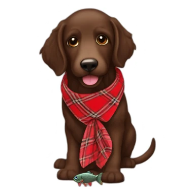 Chocolate brown colored doodle with a red and black flannel hankerchief holding a plush trout fish chew toy sticker