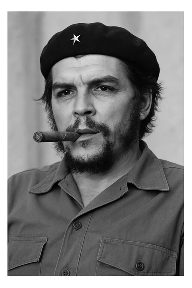 Сгенерируй мне в такой же позе и в такой же одежде Че Гевара и с сигарой в зубах, без надписей и слов sticker