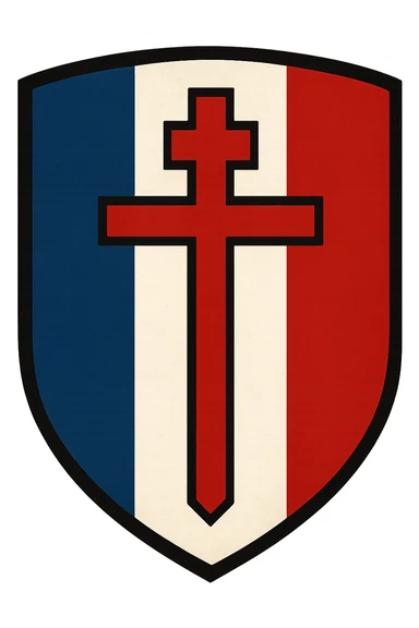 emblem style of the Free France flag with the Cross of Lorraine, colors blue, white, and red sticker
