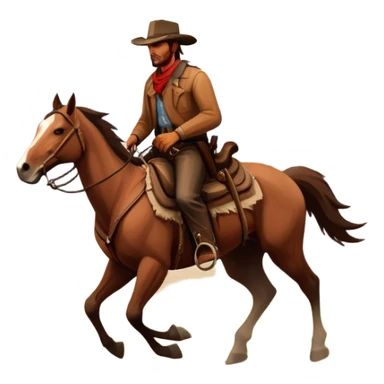 An icon representing an adventure game, inspired by Red Dead Redemption II. The design features a rugged cowboy riding a horse through a vast, open landscape with mountains, deserts, and wild animals. The atmosphere conveys exploration, action, and the thrill of the journey. Transparent background sticker