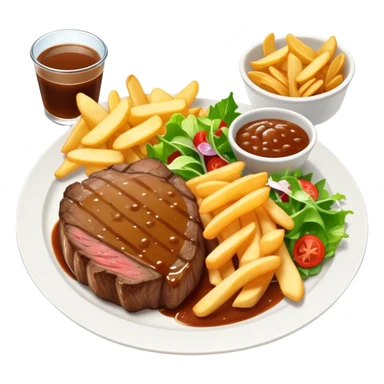 big juicy australian steak meal featuring chips, small salad in a ramiken and gravy  sticker