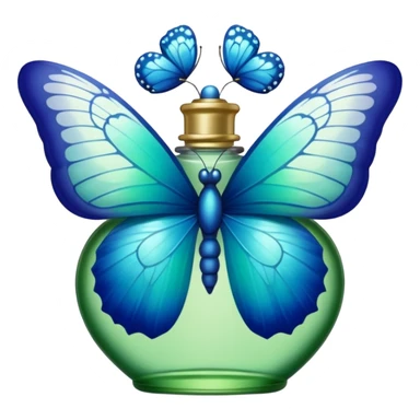blue butterfly resting on the top of a green perfume bottle decorated with lace sticker