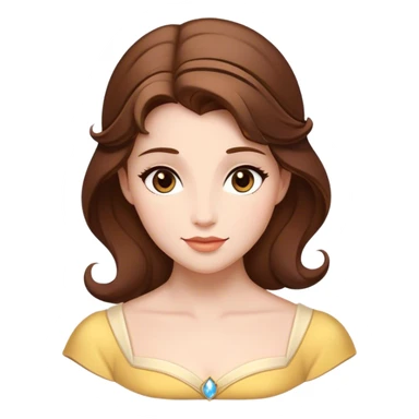 Cinematic Timeless Belle Portrait Emoji, rendered in a clean, vector style. Depict Belle with fair, luminous skin, beautifully arranged brown hair, and a serene, graceful expression, dressed in her classic attire. The design features bold, simplified shapes, a soft, enchanting glow, and a subtle glowing outline, capturing the essence of pure, timeless beauty. sticker