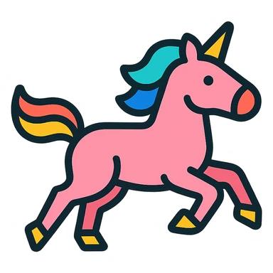 a running unicorn icon with playful rainbow palette, transparent background, designed for logo use sticker