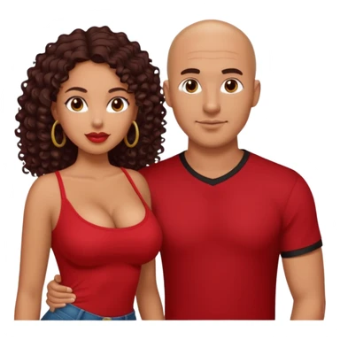 A picture of a sexy tanned couple. the guy is Mexican, with a bald hair cut and a red shirt. the girl is mixed, she has curly longer dark brown hair, and with big boobs and wearing black shirt  sticker