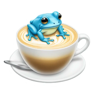 hand drawn baby blue frog sipping a latte with with latte art sticker