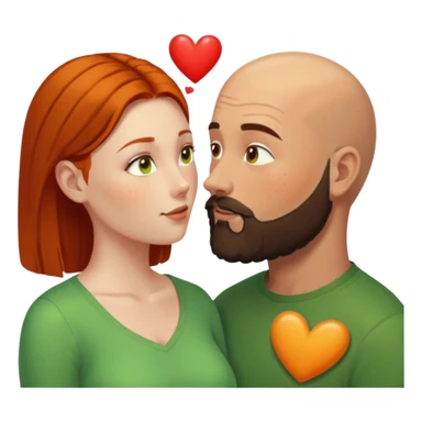 Couple. Bald man with dark brown-black beard. Woman with freckles, white skin and she has orange, auburn-yellow-brown hair. She has light yellow-green-brown eyes. He have hazel eyes. They look at each other. Many small red hearts around them. sticker
