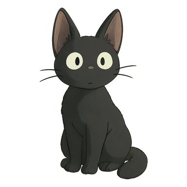 a young black cat sitting, ghibli style sticker