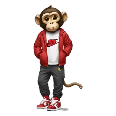 Monkey wearing Jordan 4 on its  feet with a bunch of Nike clothes sticker