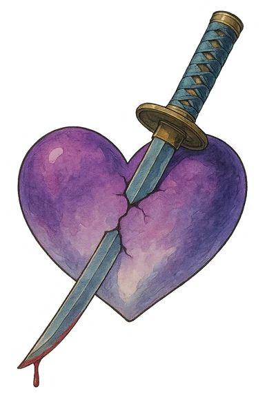 purple and white heart with a katana sword piercing through the center, ghibli style sticker