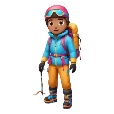 A 3D cartoon mountaineer standing on a snowy Everest-like summit with a flag, wearing colorful climbing gear, soft lighting, Memoji-style.negative : Flag sticker
