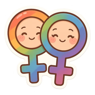 gay pride two interlocked female symbols with rainbow gradient, chibi style, friendly and inclusive vibe sticker