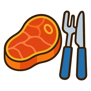 Add a fork and knife next to the steak, keeping the vibrant toon style, with no background. sticker