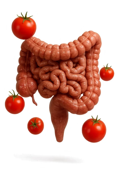 intestino umano anatomico con pomodori che gli fluttuano intorno, iperrealistico 4k sticker