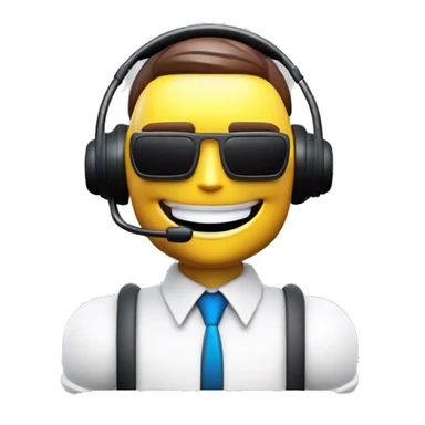 A non-threatening robot sales rep smiling and wearing a headset sticker