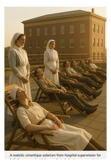 A realistic cinematic image of a hospital rooftop solarium from the 1900s, patients sunbathing under nurse supervision for heliotherapy against tuberculosis and rickets.” sticker