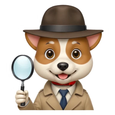 smiling dog emoji, detective hat tilted, holding magnifying glass in mouth, clean iconic style, apple emoji style sticker