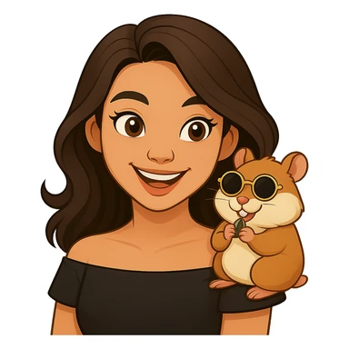 Remove the background and make it transparent. Keep the woman and her hamster with heart-shaped sunglasses as the focus, maintaining a modern, clean, warm style. sticker