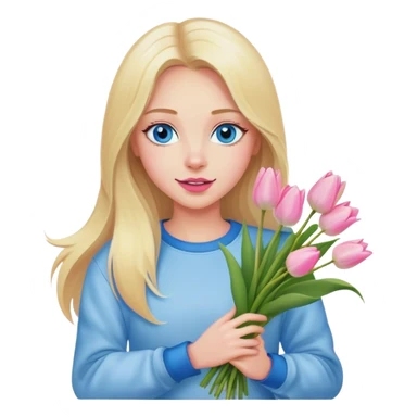 Cinematic realistic blonde with long hair, blue eyes and pink lips, dressed in jeans and a white sweatshirt, holding a bouquet of tulips in her hands sticker