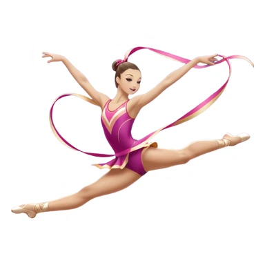 A graceful rhythmic gymnast performing with a flowing ribbon, executing an elegant leap mid-air. The pose exudes flexibility, balance, and artistry. The background suggests a competition arena with soft lighting, emphasizing movement, precision, and the beauty of the sport. sticker