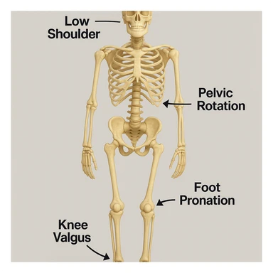 An anatomical illustration of limb length discrepancy (dismetria) in a medical style with a neutral background. The skeleton shows one leg shorter than the other, with pelvis and shoulders misaligned. Include arrows and labels indicating asymmetry, inspired by the reference image. sticker