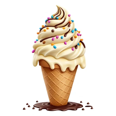 Cinematic scoop of rich, creamy ice cream, slightly melting, smooth swirls of chocolate and vanilla, colorful sprinkles on top, warm glowing background, playful and inviting. sticker