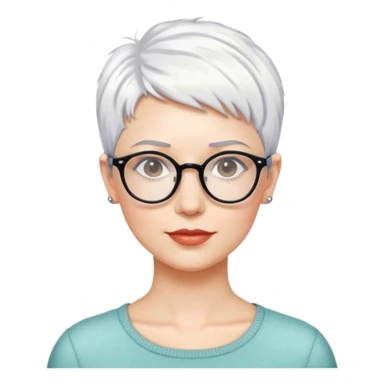 White woman with cropped short pixie white hair, glasses sticker