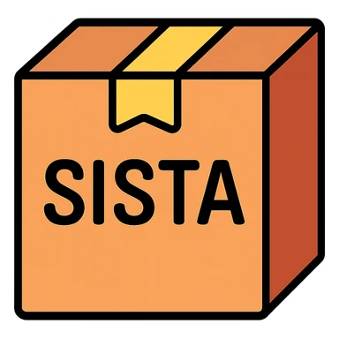 cardboard box with the word SISTA printed on it, clear and legible, color outline icon style sticker