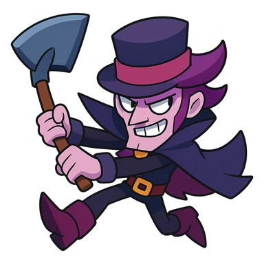 Mortis from Brawl Stars swinging his shovel, vibrant cartoon style sticker