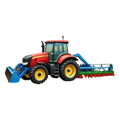 An icon representing a Farming Simulator 22, with a detailed tractor, plowing fields under a bright sky with a colorful rural landscape. The design includes farming tools, crops and barns, symbolizing the immersive experience of managing a farm. Transparent background. sticker