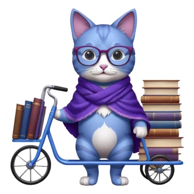 Purple and blue cat with reading glasses and a shawl, standing behind a cart full of books sticker