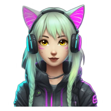 Anime cat gamer girl cyberpunk neon sticker